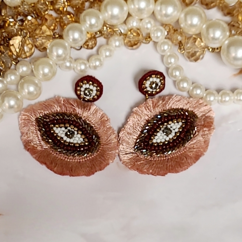New Oversized Boho Funky Evil Eye Beaded Silk Fringe Drop Earrings - Picture 6 of 8